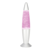 Lampe à lave décorative avec socle et capuchon de couleur argentée, liquide et cire roses.
