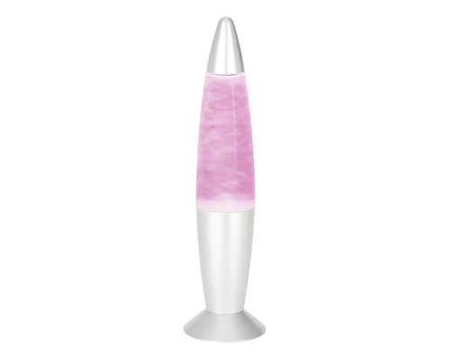 Lampe à lave décorative avec socle et capuchon de couleur argentée, liquide et cire roses.