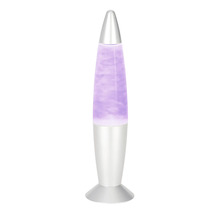 Lampe à lave avec boîtier argenté et cire violette.