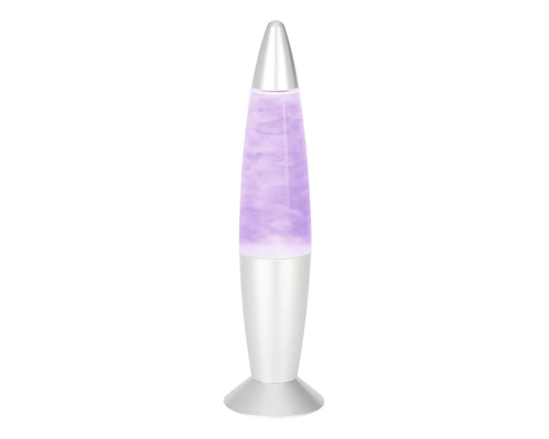 Lampe à lave avec boîtier argenté et cire violette.