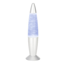 Lampe à lave en forme de fusée avec cire bleue et socle argenté.