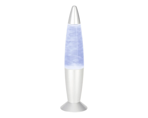 Lampe à lave en forme de fusée avec cire bleue et socle argenté.