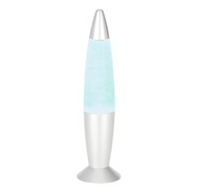 Lampe à lave en forme de fusée en métal argenté avec de la cire bleu clair.