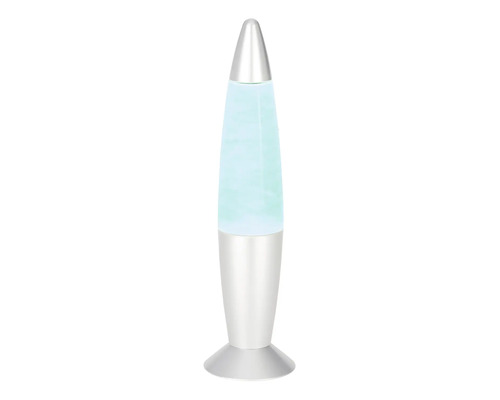 Lampe à lave en forme de fusée en métal argenté avec de la cire bleu clair.