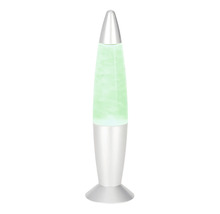 Lampe à lave en forme de fusée avec socle et sommet argentés, remplie de cire verte.