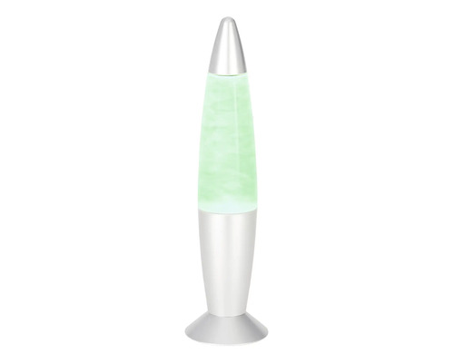 Lampe à lave en forme de fusée avec socle et sommet argentés, remplie de cire verte.