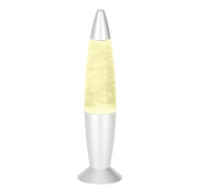 Lampe à lave en forme de fusée avec socle argenté et boîtier en verre.