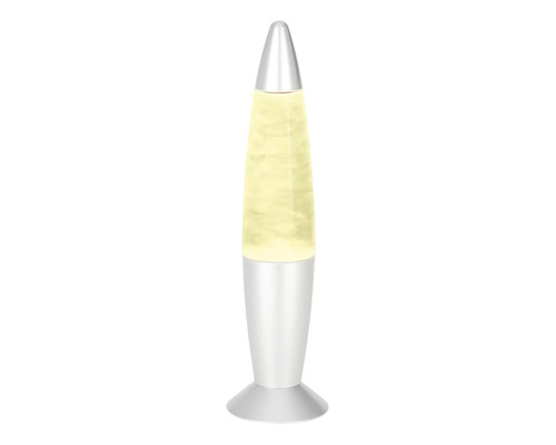Lampe à lave en forme de fusée avec socle argenté et boîtier en verre.