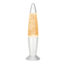Lampe à lave en forme de fusée avec socle et capuchon argentés, contenant de la cire orange.