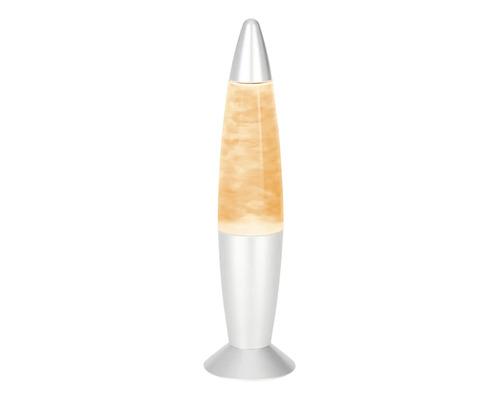 Lampe à lave en forme de fusée avec socle et capuchon argentés, contenant de la cire orange.