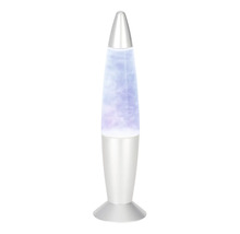 Lampe à lave en forme de fusée avec boîtier argenté et liquide bleu à effet scintillant.