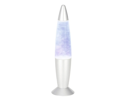 Lampe à lave en forme de fusée avec boîtier argenté et liquide bleu à effet scintillant.