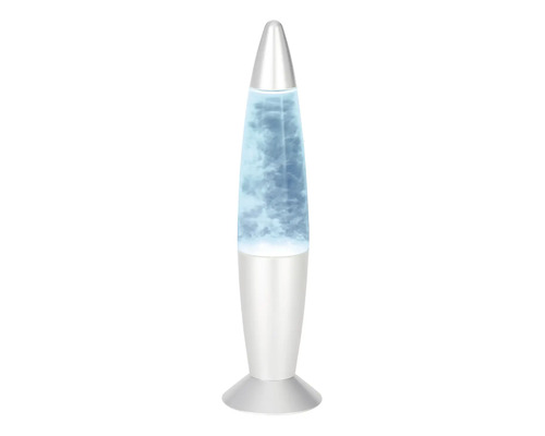 Lampe à lave décorative en forme de fusée avec socle et capuchon en métal.