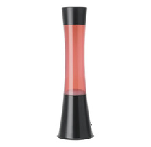 Lampe à lave élancée avec socle noir, capuchon noir et liquide rouge.