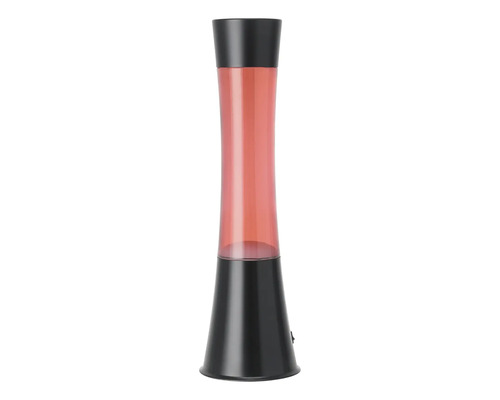 Lampe à lave élancée avec socle noir, capuchon noir et liquide rouge.