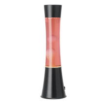 Lampe à lave avec socle et capuchon noirs et cire rose dans un liquide transparent.