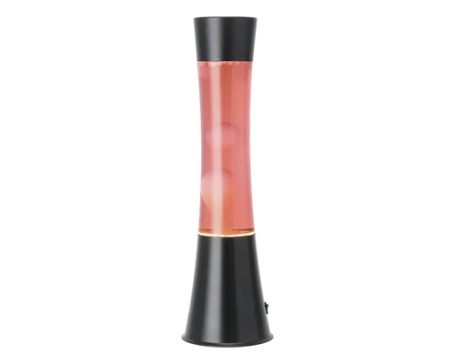 Lampe à lave avec socle et capuchon noirs et cire rose dans un liquide transparent.