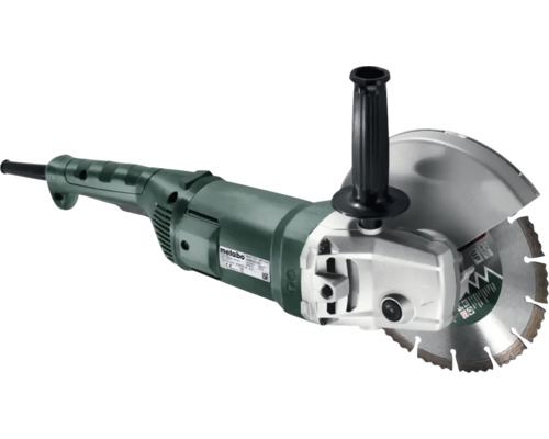 Metabo Winkelschleifer mit Diamanttrennscheibe, Schutzhaube und Zusatzhandgriff.