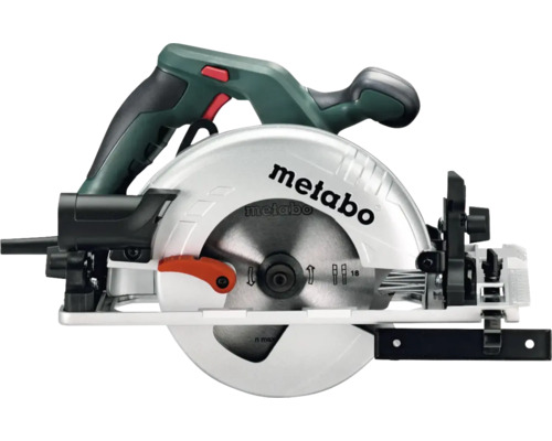Scie circulaire portative Metabo avec capot de protection métallique et poignée ergonomique.