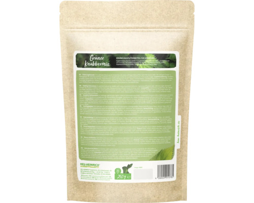 Ergänzungsfuttermittel für Kaninchen Grüner Knabbermix, Heu-Heinrich Logo, 250 Gramm Packung mit Inhaltsstoffen und Fütterungshinweisen.