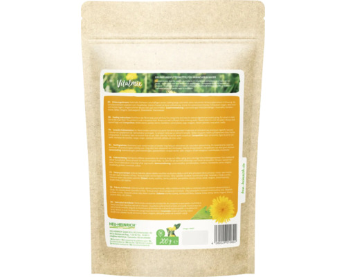 Ergänzungsfuttermittel Heu-Heinrich Vitalmix für Kaninchen und Nager, 200 Gramm Beutel aus Kraftpapier mit detailliertem Etikett.