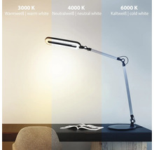 LED Schreibtischlampe mit verstellbarem Arm und drei Farbtemperaturen: Warmweiß 3000 Kelvin, Neutralweiß 4000 Kelvin und Kaltweiß 6000 Kelvin.