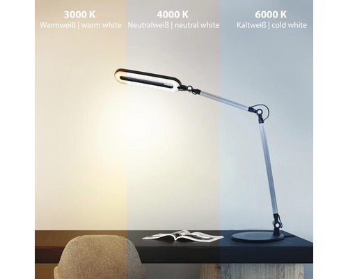 LED Schreibtischlampe mit verstellbarem Arm und drei Farbtemperaturen: Warmweiß 3000 Kelvin, Neutralweiß 4000 Kelvin und Kaltweiß 6000 Kelvin.