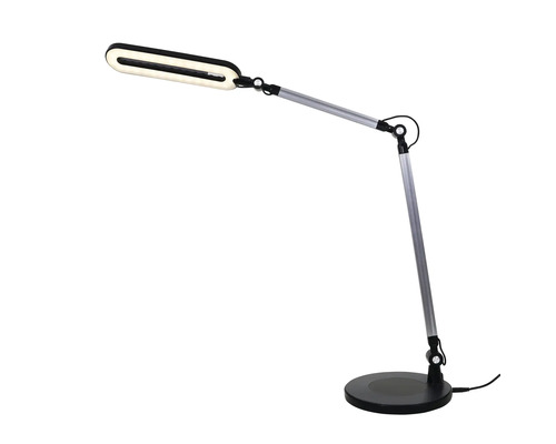 LED-Schreibtischleuchte mit verstellbarem Gelenkarm und ovalem Leuchtkopf.