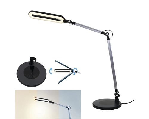 Silberfarbene LED-Schreibtischleuchte mit verstellbarem Gelenkarm, drehbarem Leuchtenkopf und Touch-Bedienfeld am Standfuß.
