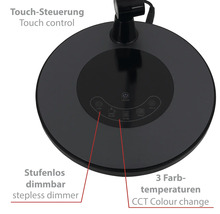 Lampenfuß mit Touch-Steuerung, stufenlosem Dimmer und 3 einstellbaren Farbtemperaturen für die Modi Entspannen, Arbeiten und Lesen.