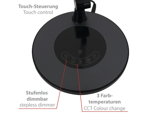 Lampenfuß mit Touch-Steuerung, stufenlosem Dimmer und 3 einstellbaren Farbtemperaturen für die Modi Entspannen, Arbeiten und Lesen.