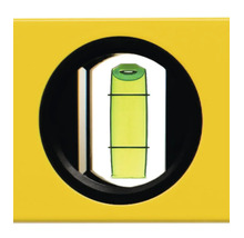 Vue détaillée d une fiole verticale de niveau à bulle dans un boîtier jaune.