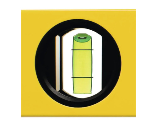 Vue détaillée d une fiole verticale de niveau à bulle dans un boîtier jaune.