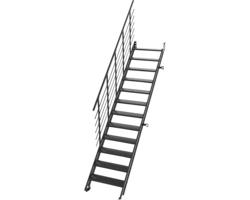 Schwarze Metalltreppe mit Geländer und profilierten Stufen.