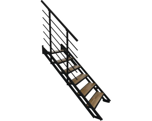 Raumspartreppe aus Metall mit Holzstufen und Geländer.