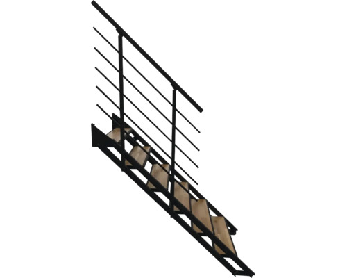Moderne Treppe mit schwarzem Metallgestell, Holzstufen und Geländer mit Handlauf.