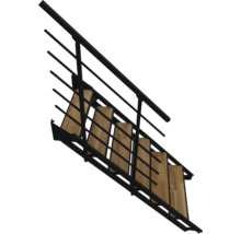 Wangentreppe mit Stufen aus Holz und einem schwarzen Metallgeländer.