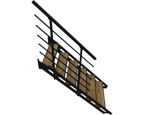 Wangentreppe mit Stufen aus Holz und einem schwarzen Metallgeländer.