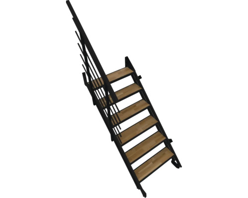 Gerade Treppe mit schwarzem Metallgestell und Holzstufen inklusive einseitigem Geländer.