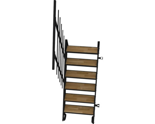 Treppe mit Holzstufen und schwarzem Metallgestell inklusive Geländer.