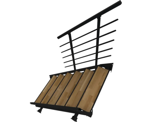 Moderne Treppe mit Holzstufen und schwarzem Metallgeländer.