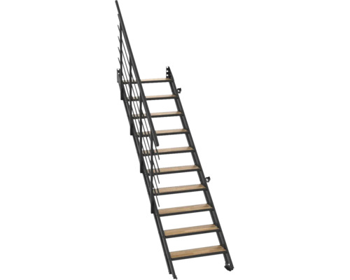 Moderne Wangentreppe mit Holzstufen und schwarzem Metallgeländer.