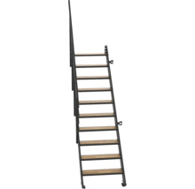 Platzsparende Treppe mit schwarzem Metallgestell, Holzstufen und einseitigem Handlauf.