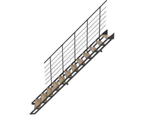 Gerade Treppe mit Metallgestell, Holzstufen und Geländer.
