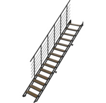 Geradläufige Treppe mit schwarzem Metallrahmen, Holzstufen und einseitigem Geländer mit Querstreben.