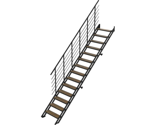 Geradläufige Treppe mit schwarzem Metallrahmen, Holzstufen und einseitigem Geländer mit Querstreben.