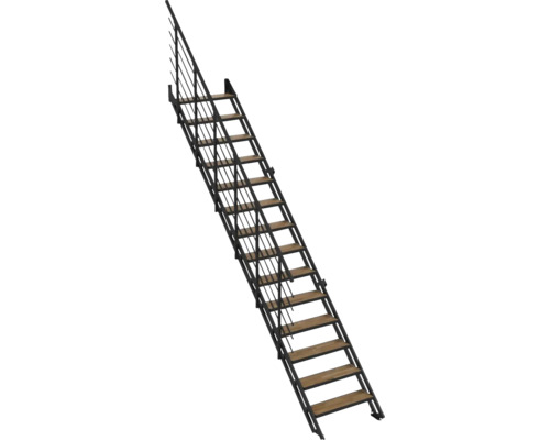 Geradläufige Treppe mit Holzstufen, schwarzem Metallgestell und Geländer mit Querstreben.