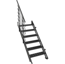 Schwarze Metalltreppe mit Gitterroststufen und einseitigem Handlauf.
