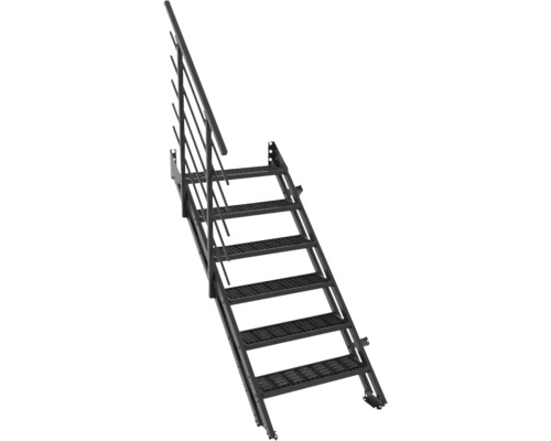 Schwarze Metalltreppe mit Gitterroststufen und einseitigem Handlauf.