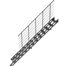Metalltreppe aus Stahl mit Gitterroststufen und einseitigem Geländer.